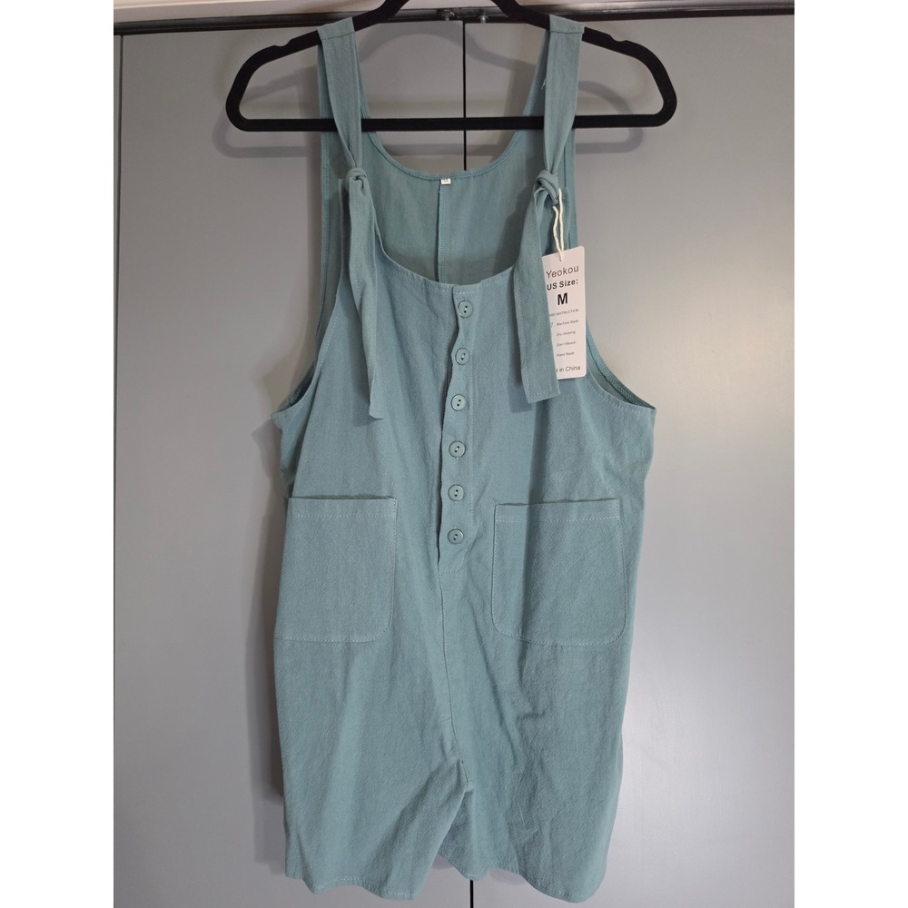 NWT Yeokou Romper Size M Teal Blue Button Front Tie Shoulder Overalls Summer